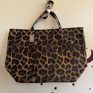 Chico's Women's Animal Leopard Print Faux Leather Tote Bag Purse Black Brown New
